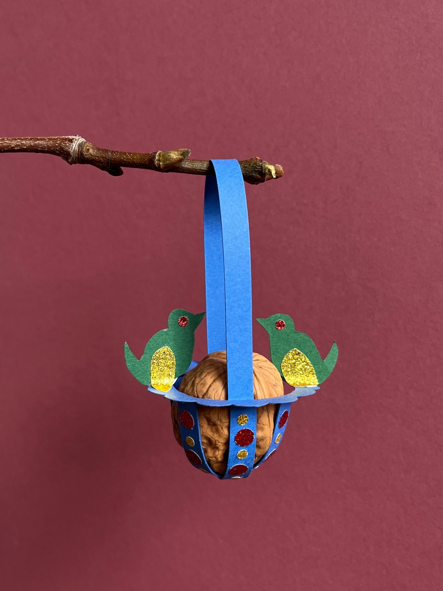 Paper Basket with Birds and Walnut Ornament