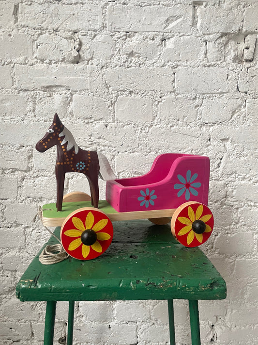Brown Wooden Horse with Pink Cart Toy by Krzysztof