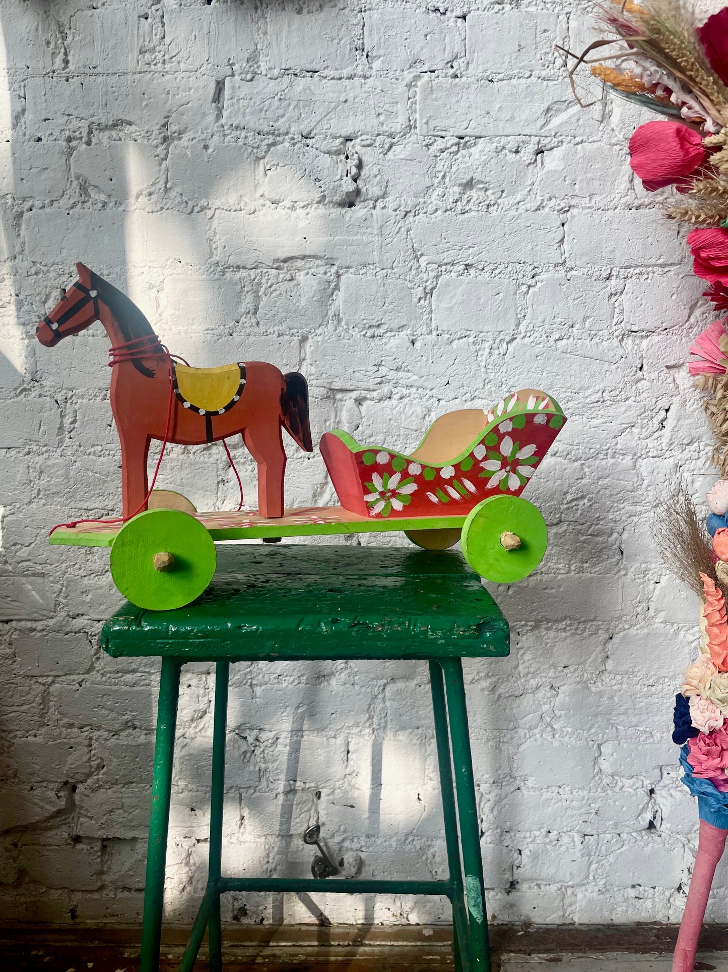 Brown Wooden Horse with Cart Toy by Ryszard