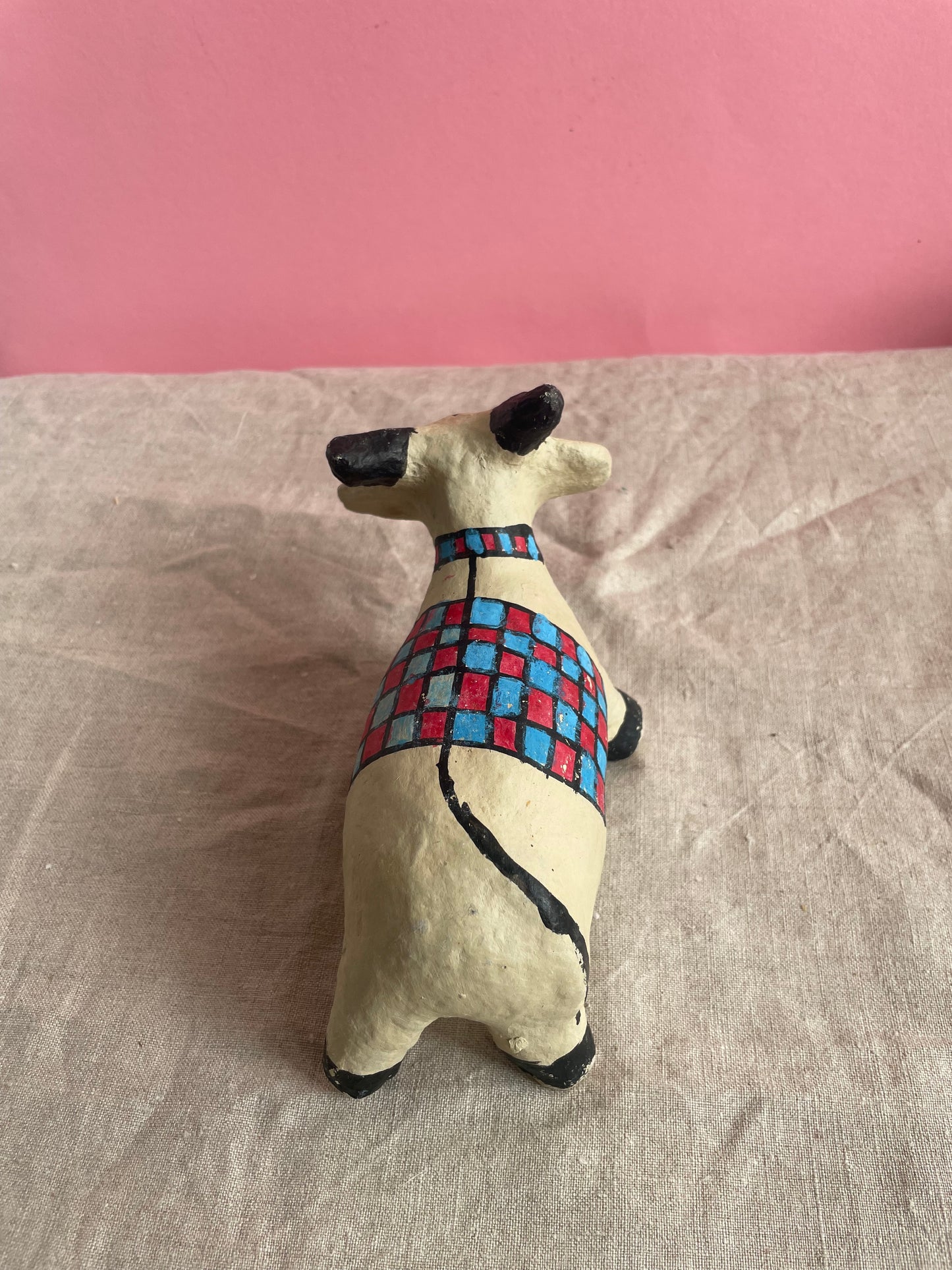 Paper Mache Cow with Blue and Red Blanket