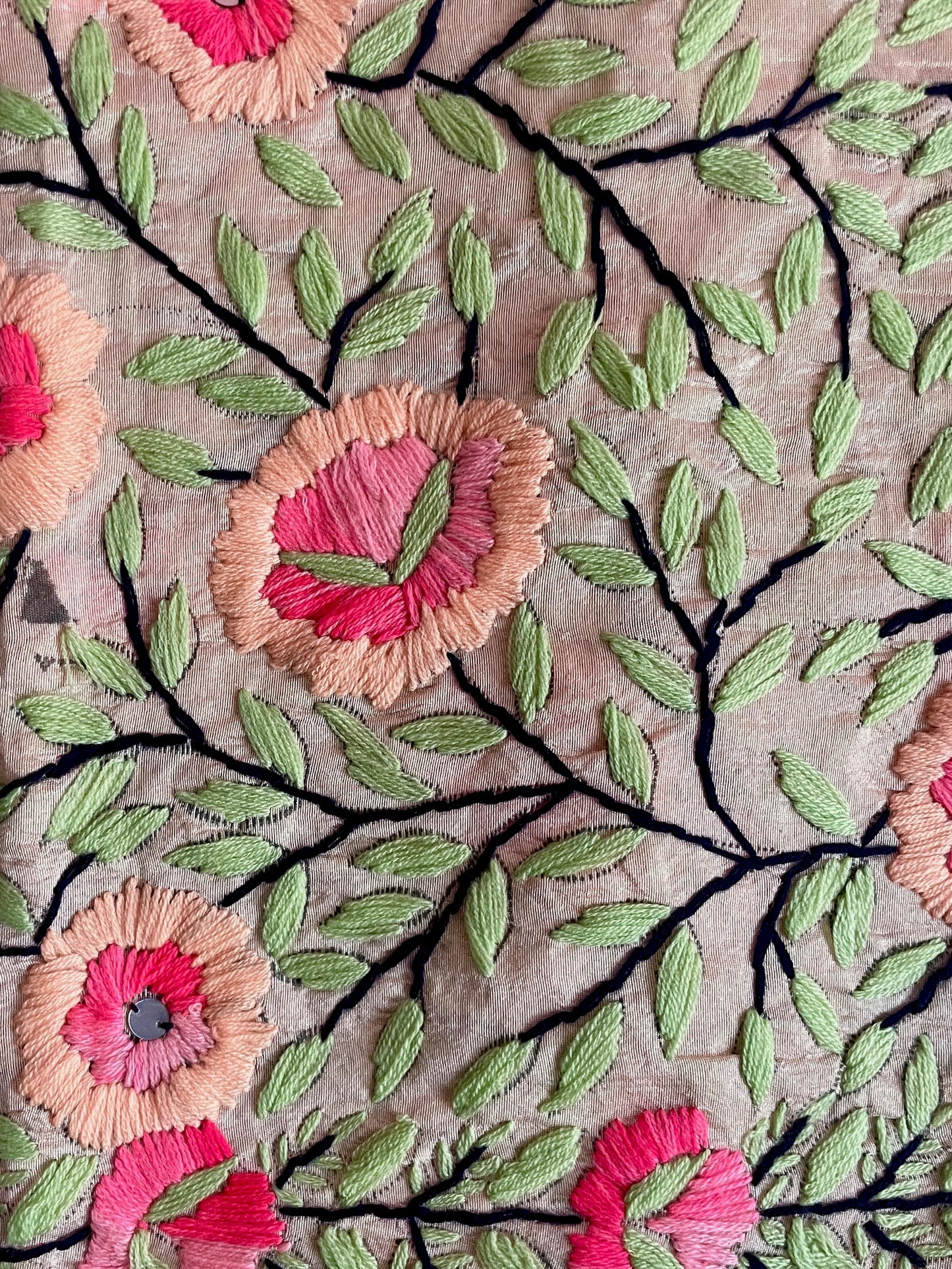 Peach & Colourful Flowers Hand Embroidered Fabric
