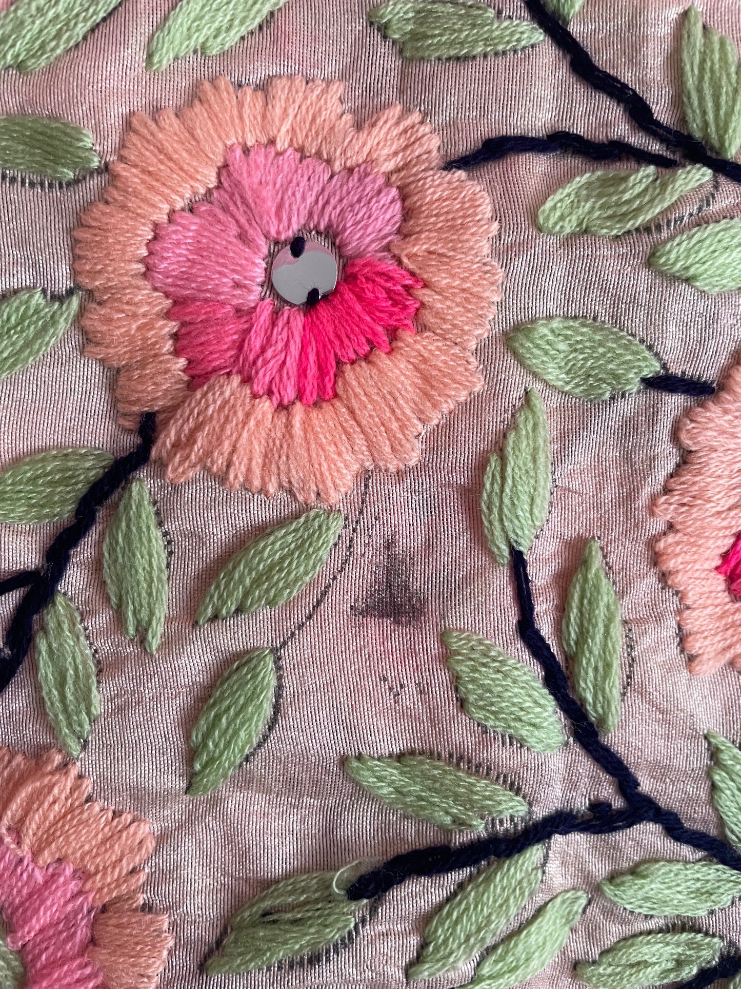 Peach & Colourful Flowers Hand Embroidered Fabric