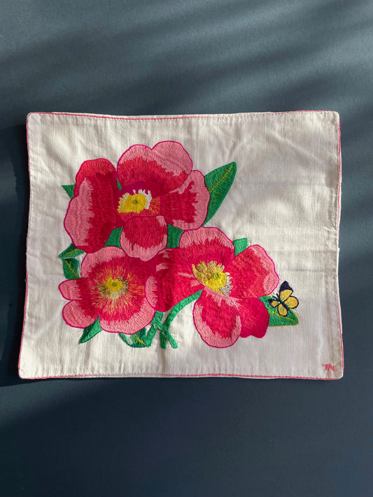 Pansies and Butterfly Embroidered Cushion by Teresa