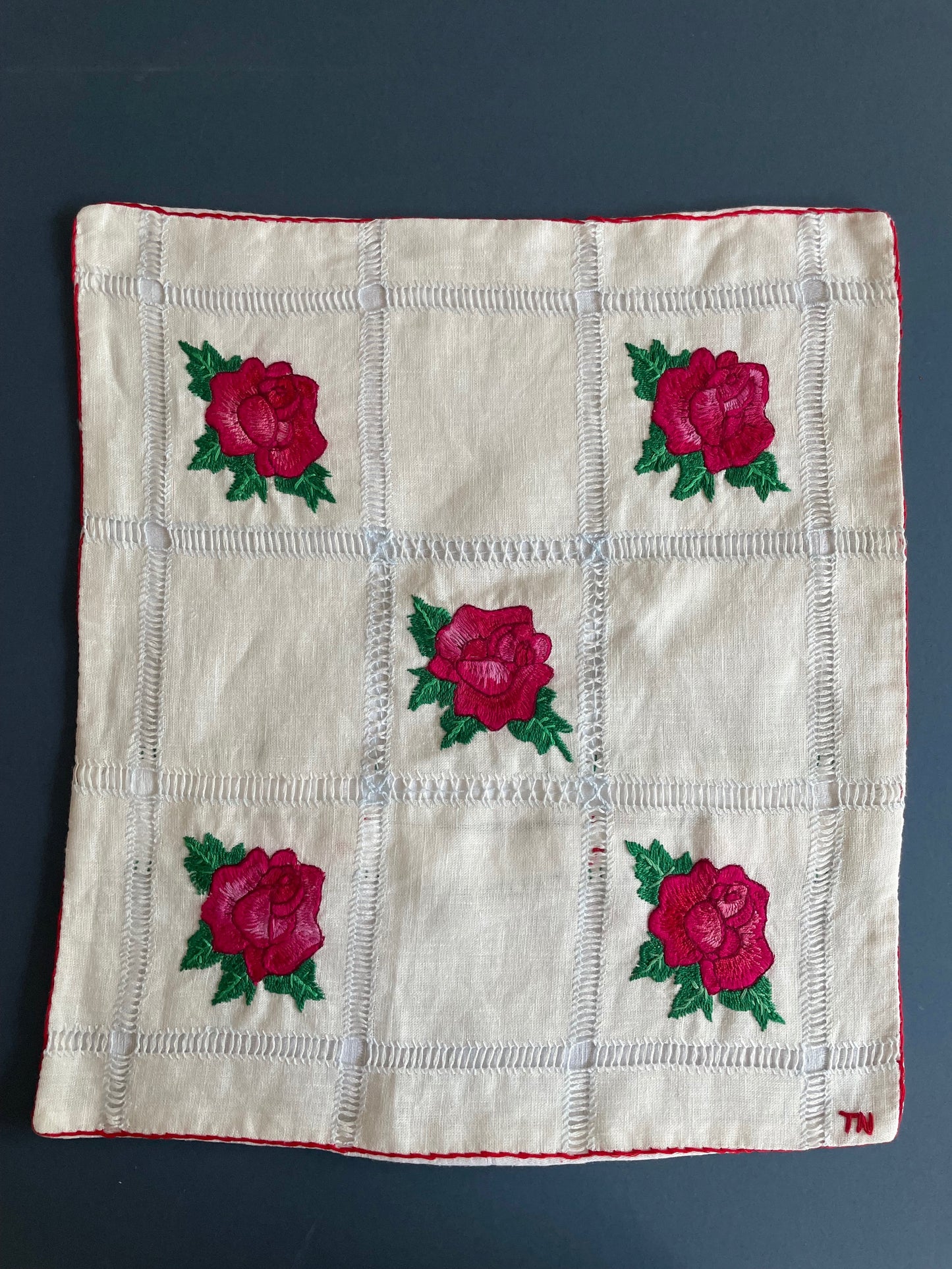 Pink Roses Embroidered Cushion Cover by Terersa