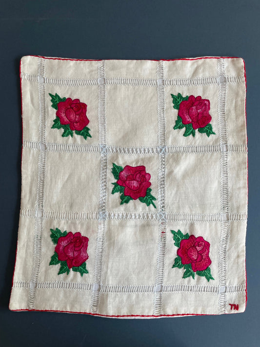 Pink Roses Embroidered Cushion Cover by Terersa