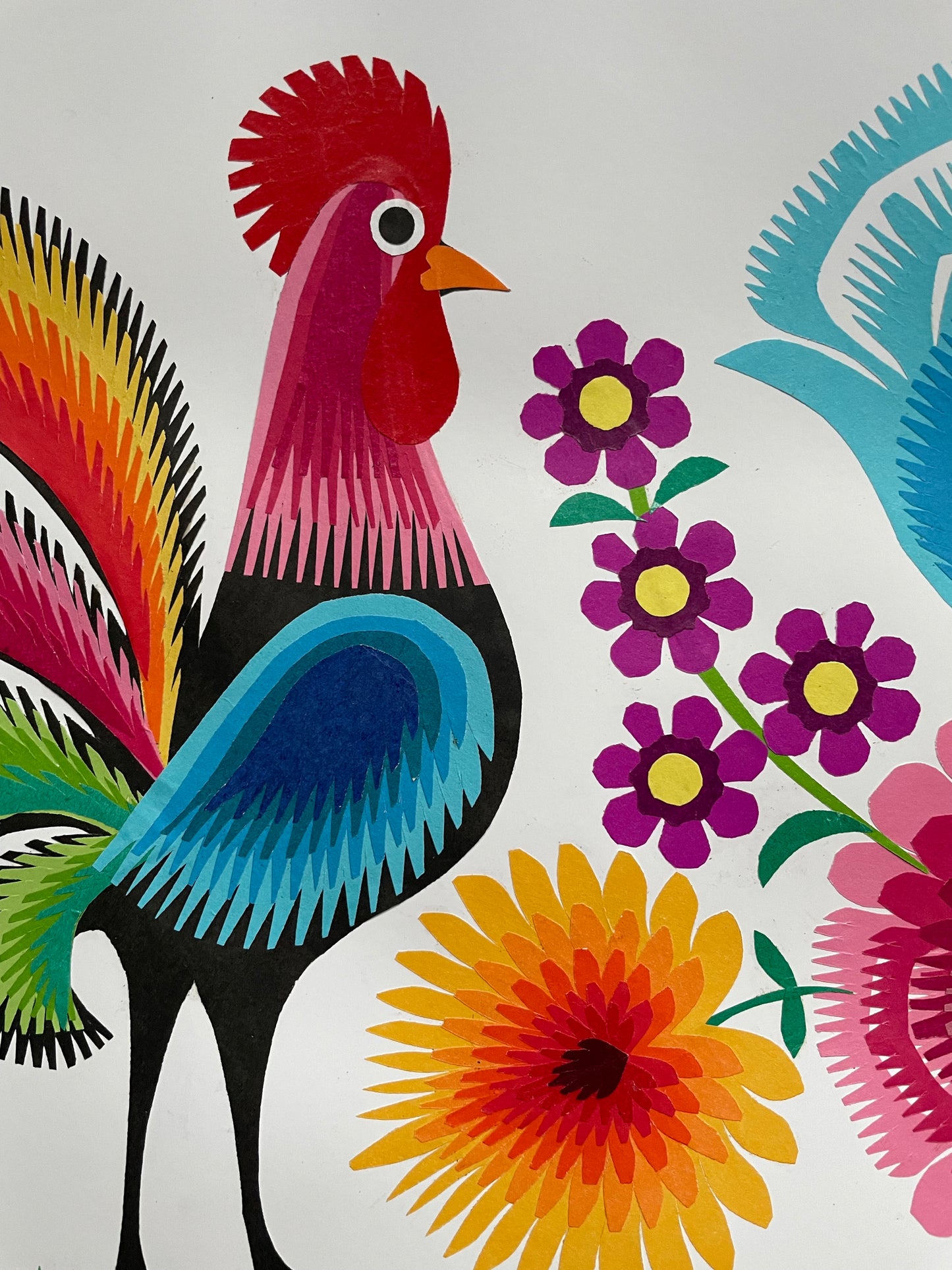 Two Cockerels & Flowers Papercut