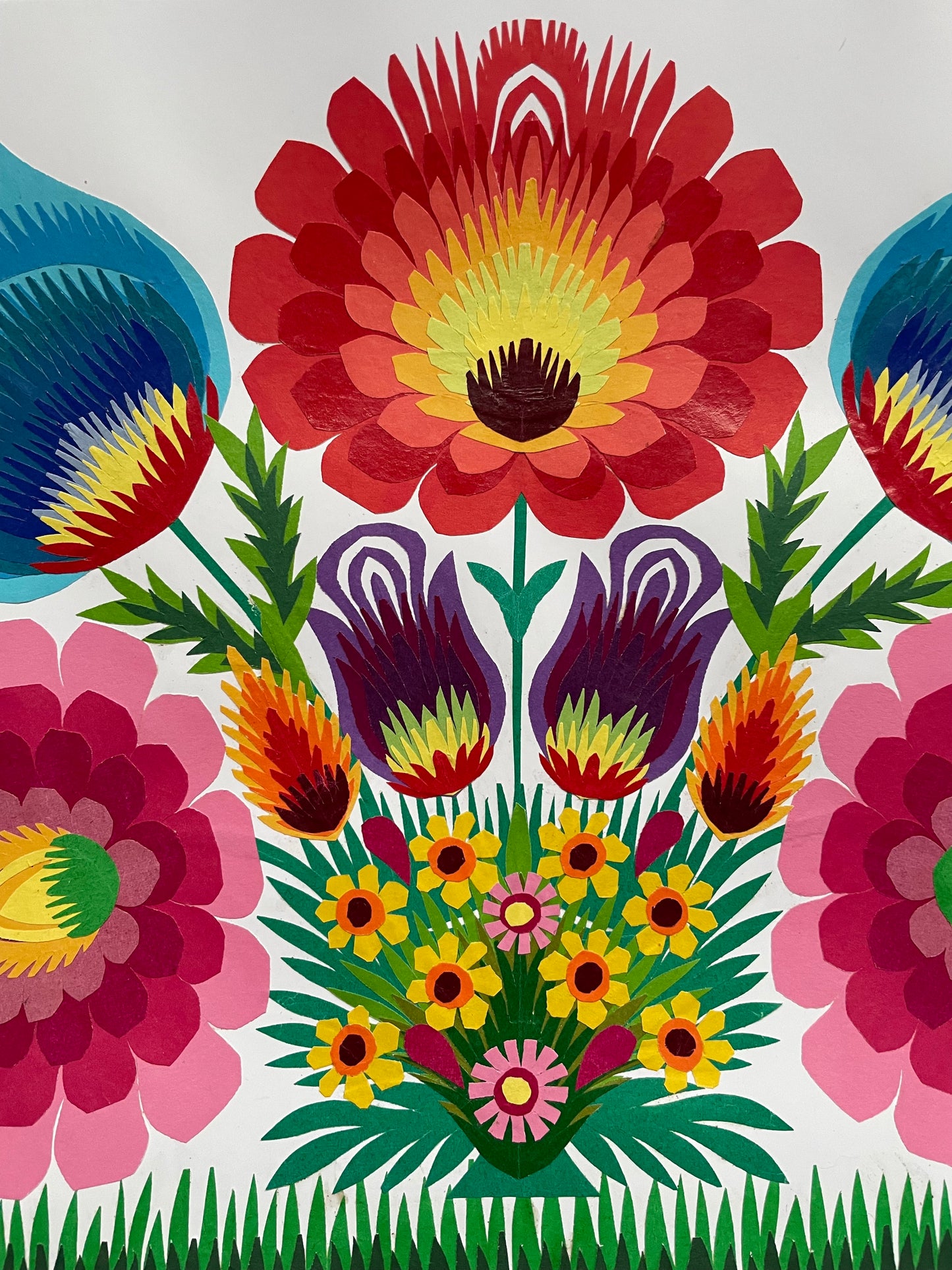 Two Cockerels & Flowers Papercut