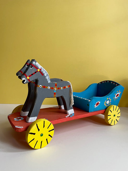 Grey Horses with Cart Pull Along Toy by Wlodzimierz