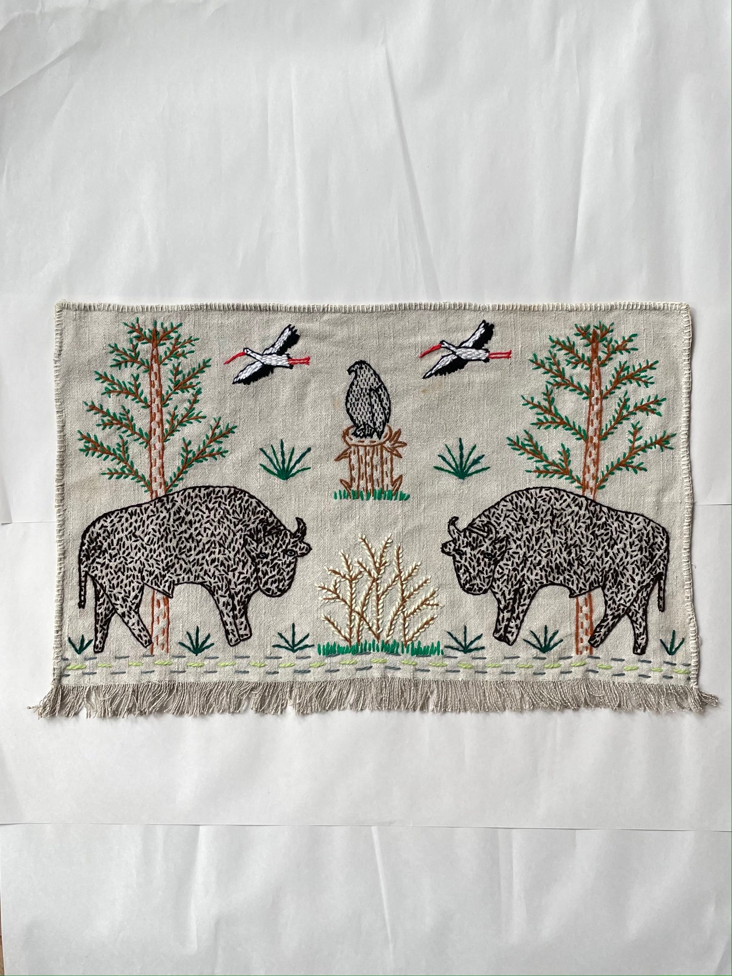 Bisons, Storks and Eagle Hand Embroidered Wall Hanging by Anna