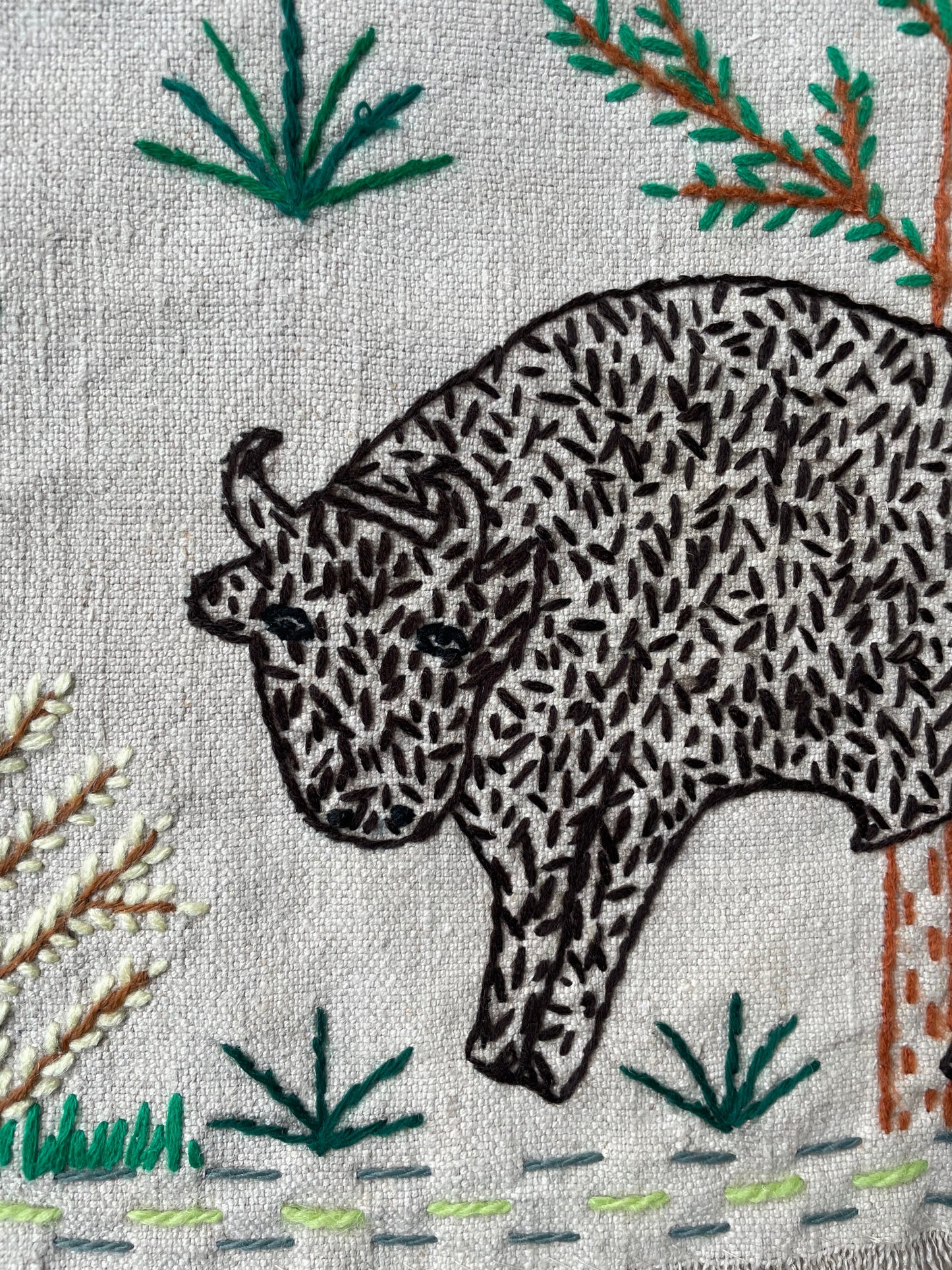 Bisons, Storks and Eagle Hand Embroidered Wall Hanging by Anna