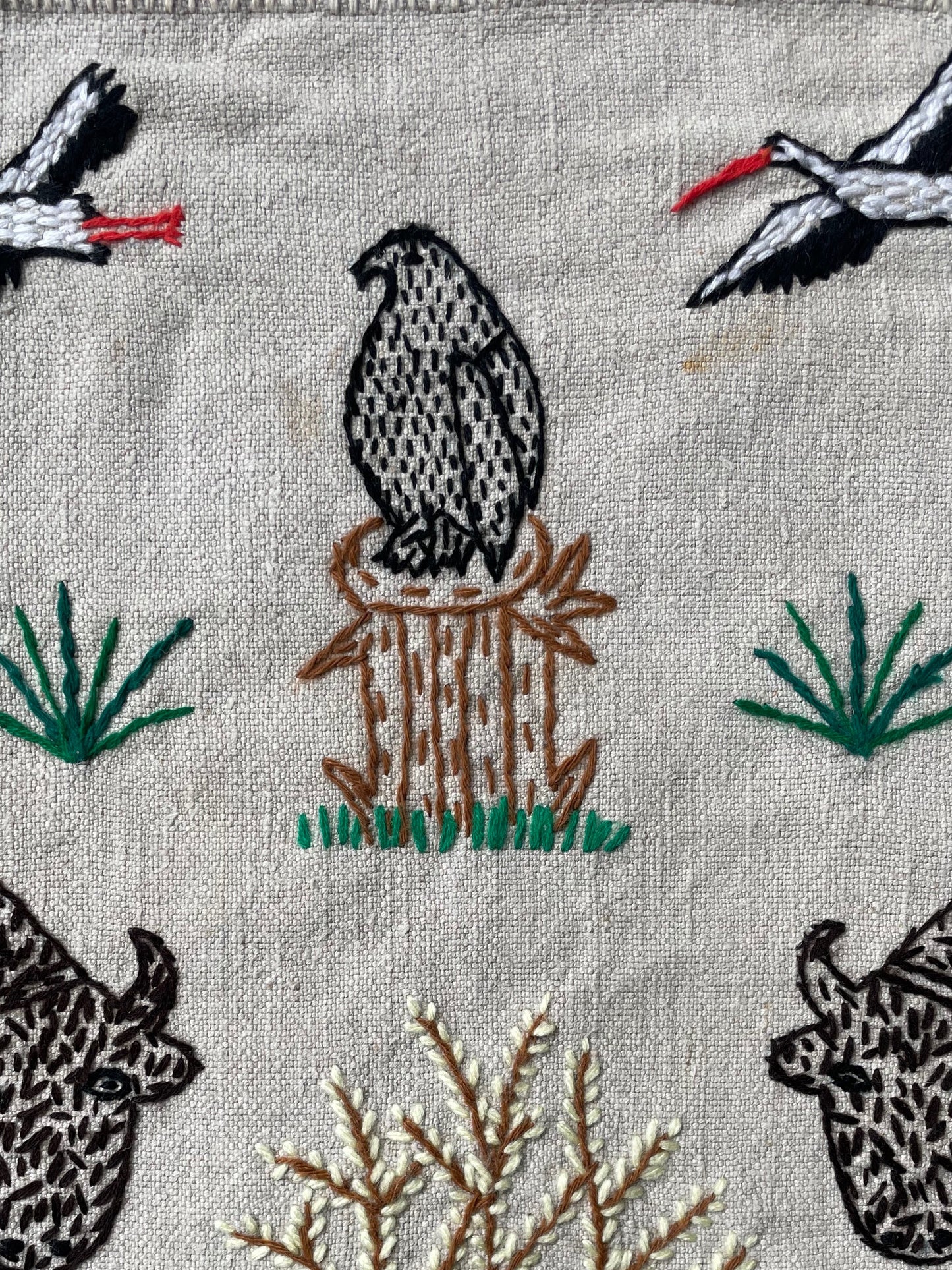 Bisons, Storks and Eagle Hand Embroidered Wall Hanging by Anna