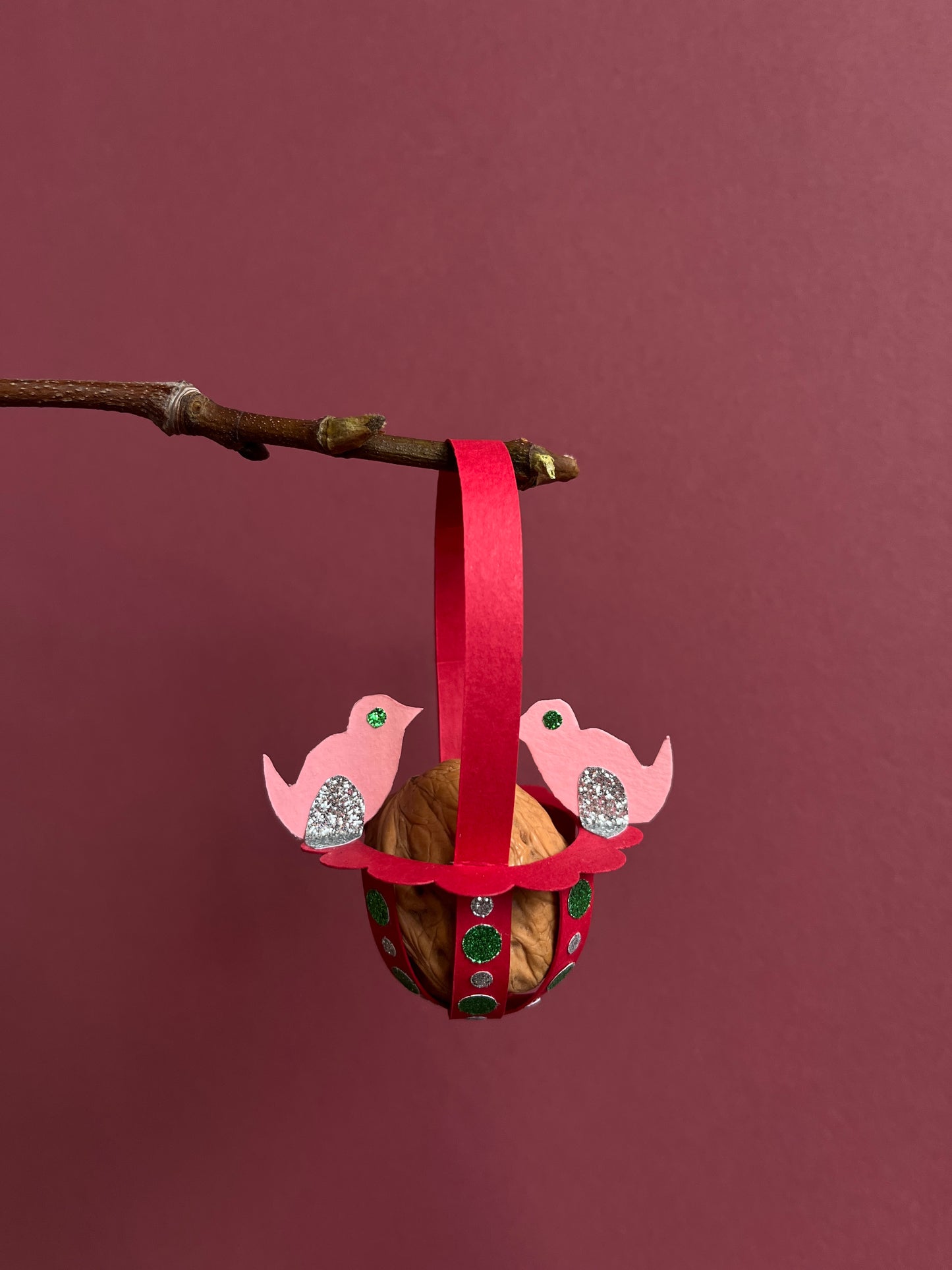 Paper Basket with Birds and Walnut Ornament