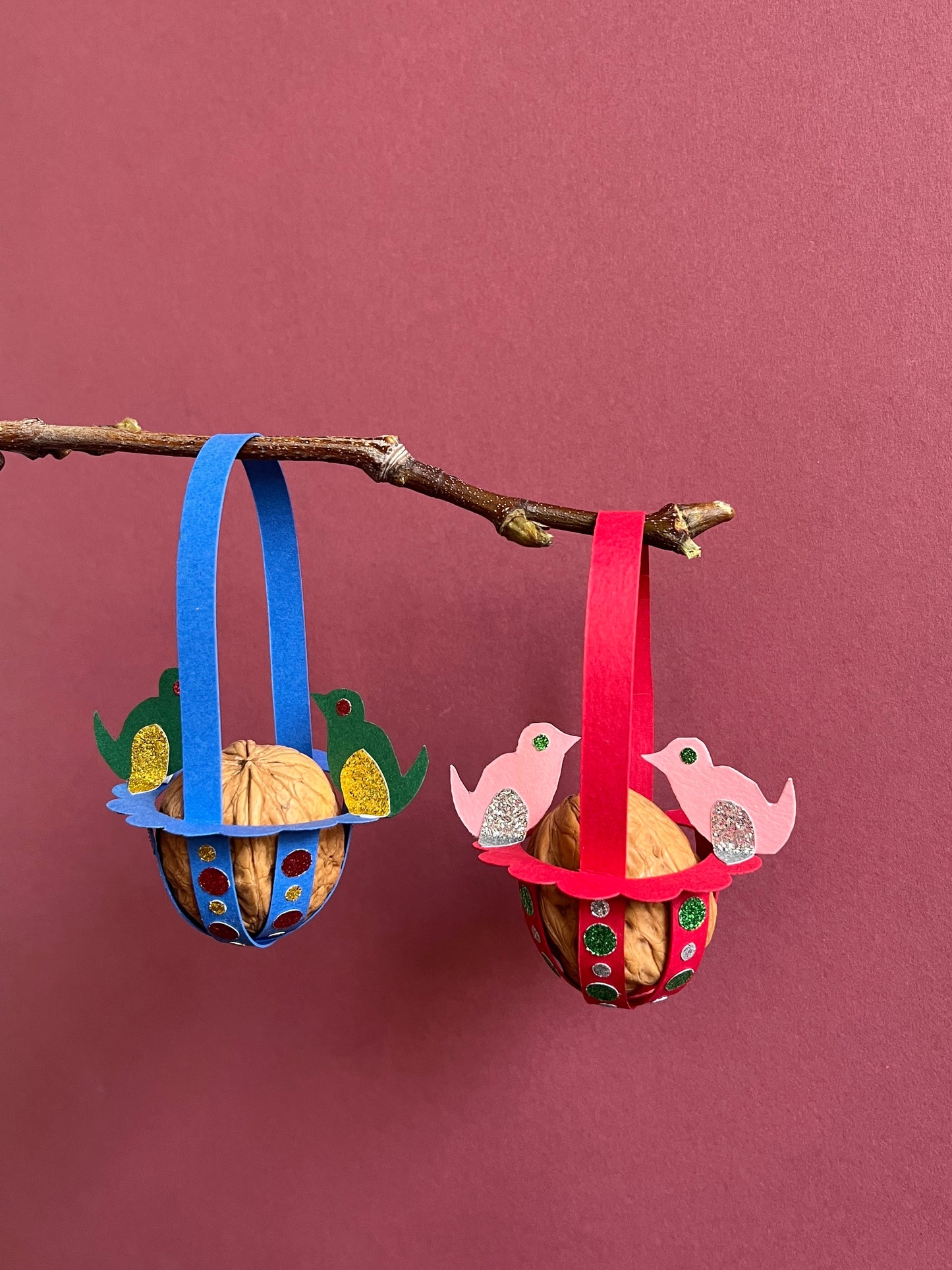 Paper Basket with Birds and Walnut Ornament