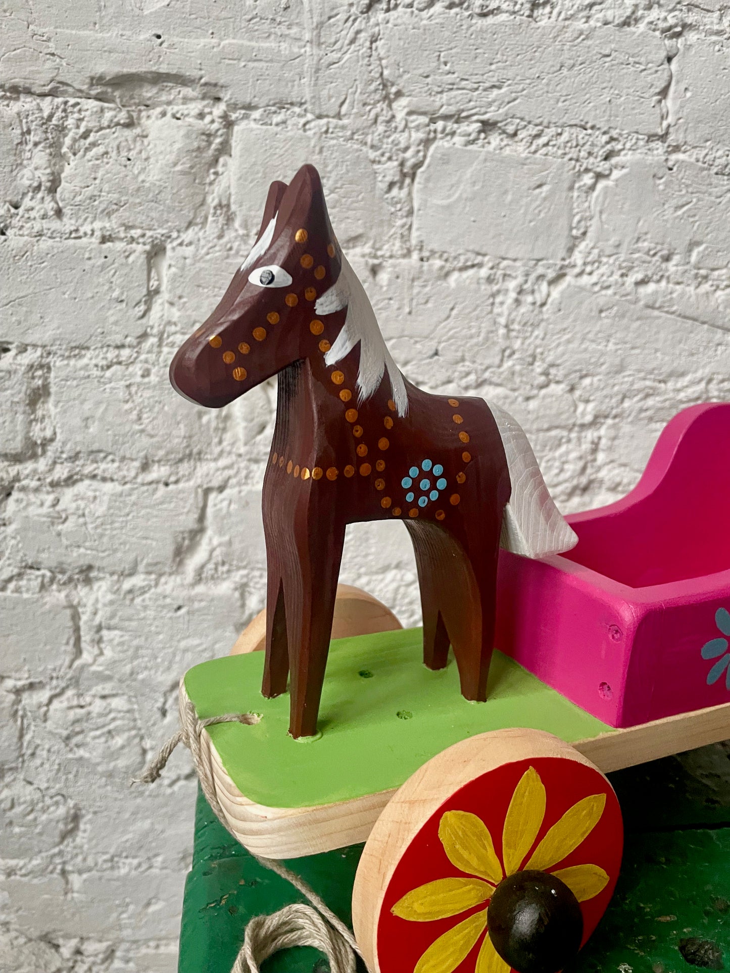 Brown Wooden Horse with Pink Cart Toy by Krzysztof