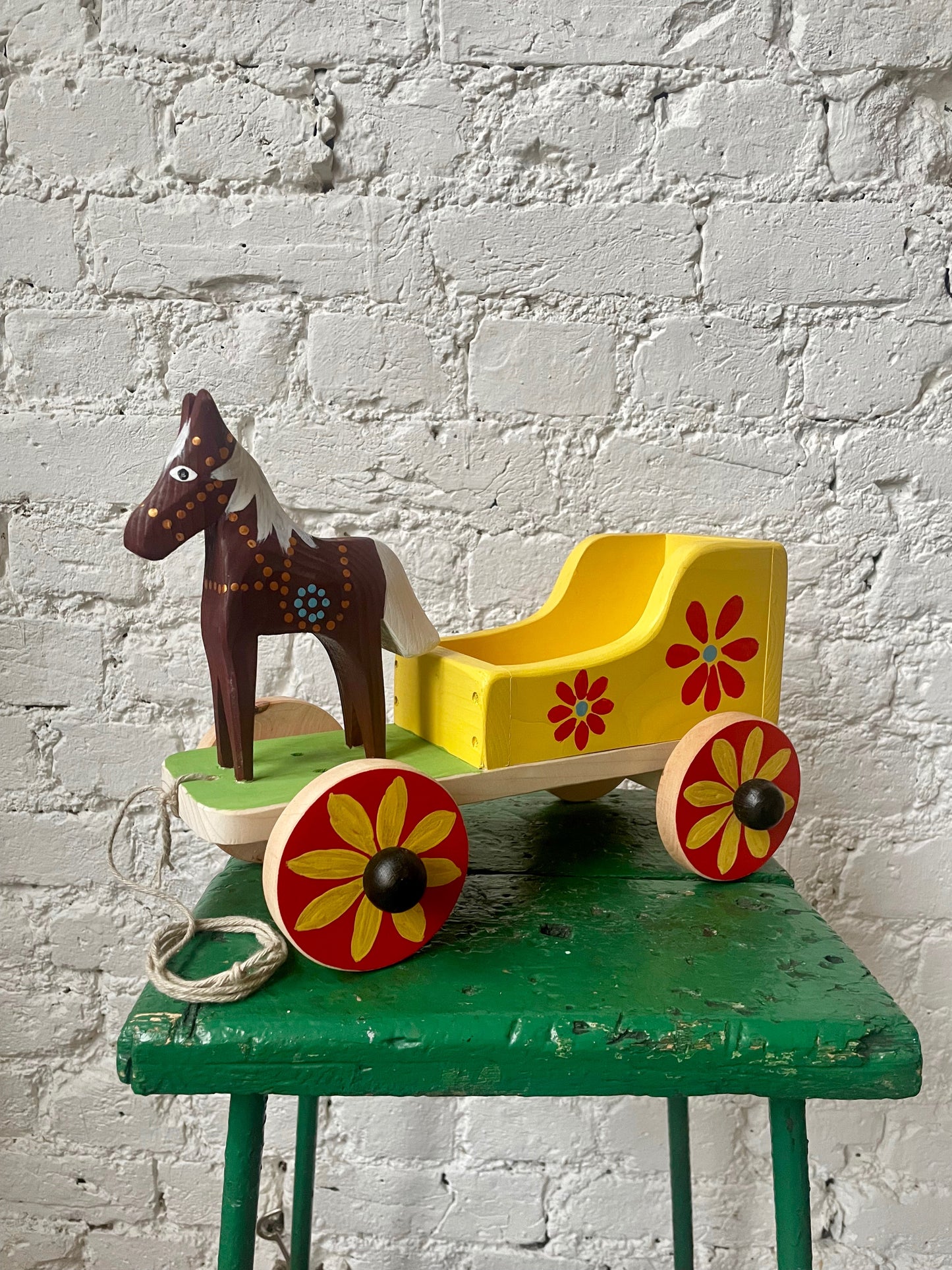 Brown Wooden Horse with Yellow Cart Toy by Krzysztof