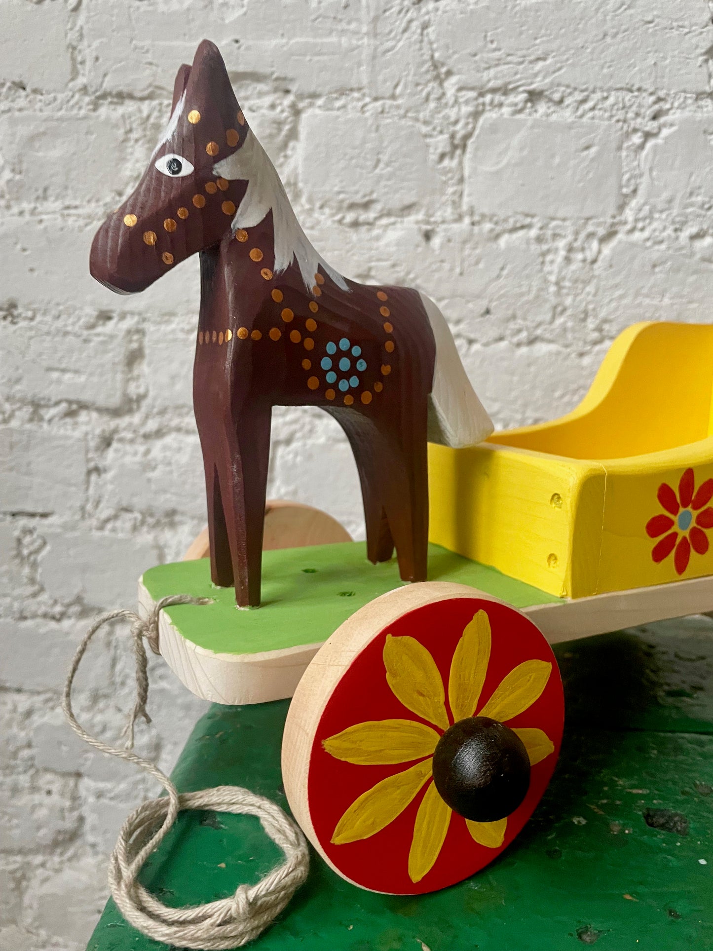 Brown Wooden Horse with Yellow Cart Toy by Krzysztof