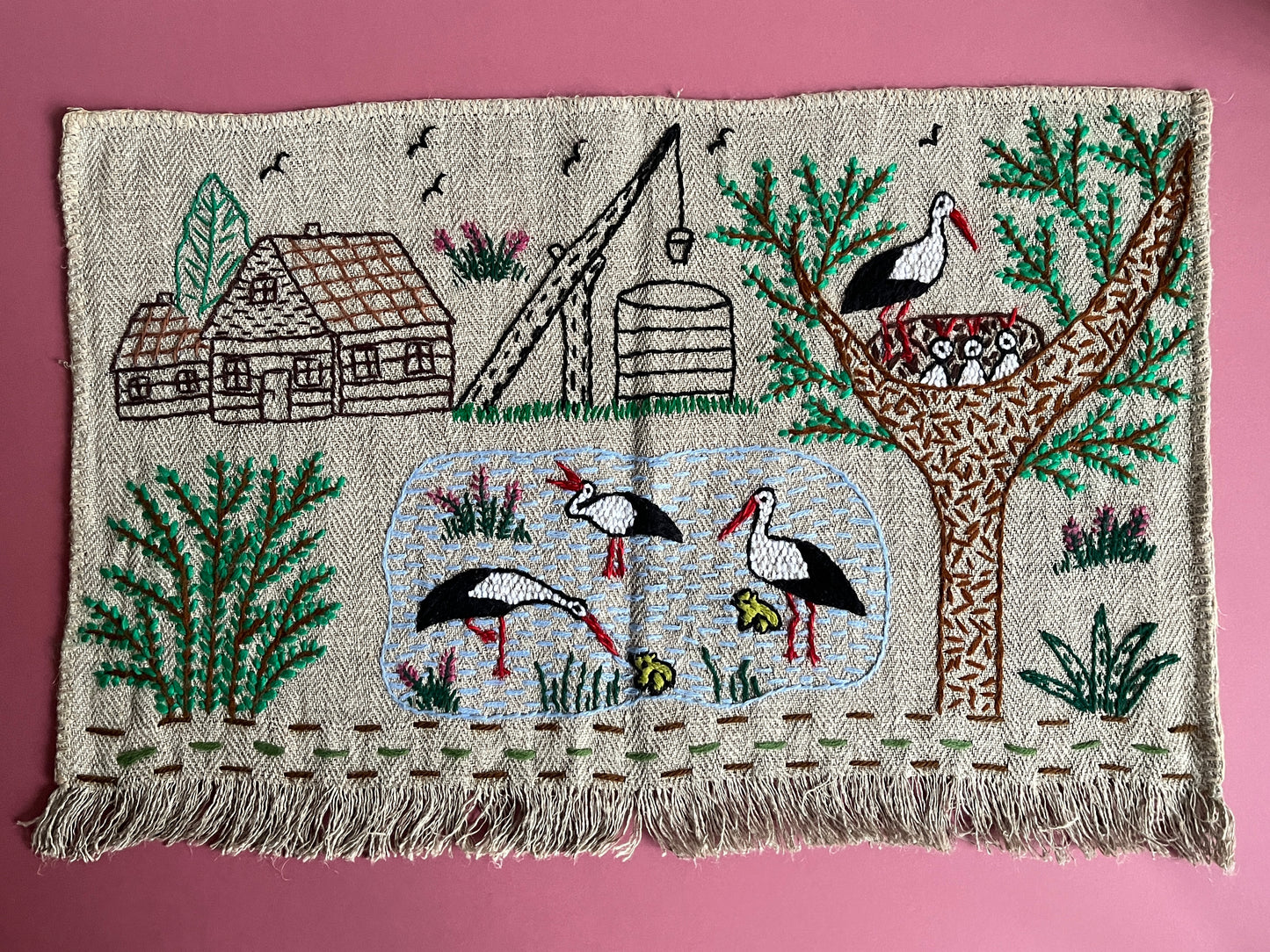 Storks Hand Embroidered Makatka Wallhanging by Anna