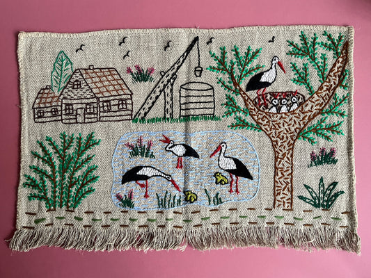 Storks Hand Embroidered Makatka Wallhanging by Anna