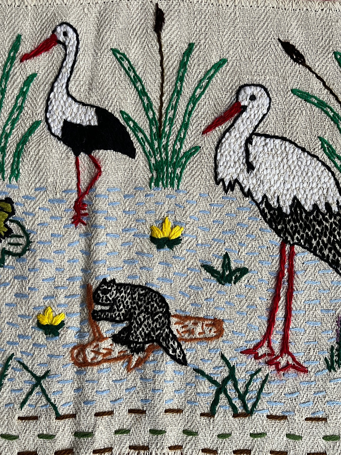 Storks and a Beaver Hand Embroidered Makatka Wallhanging by Anna