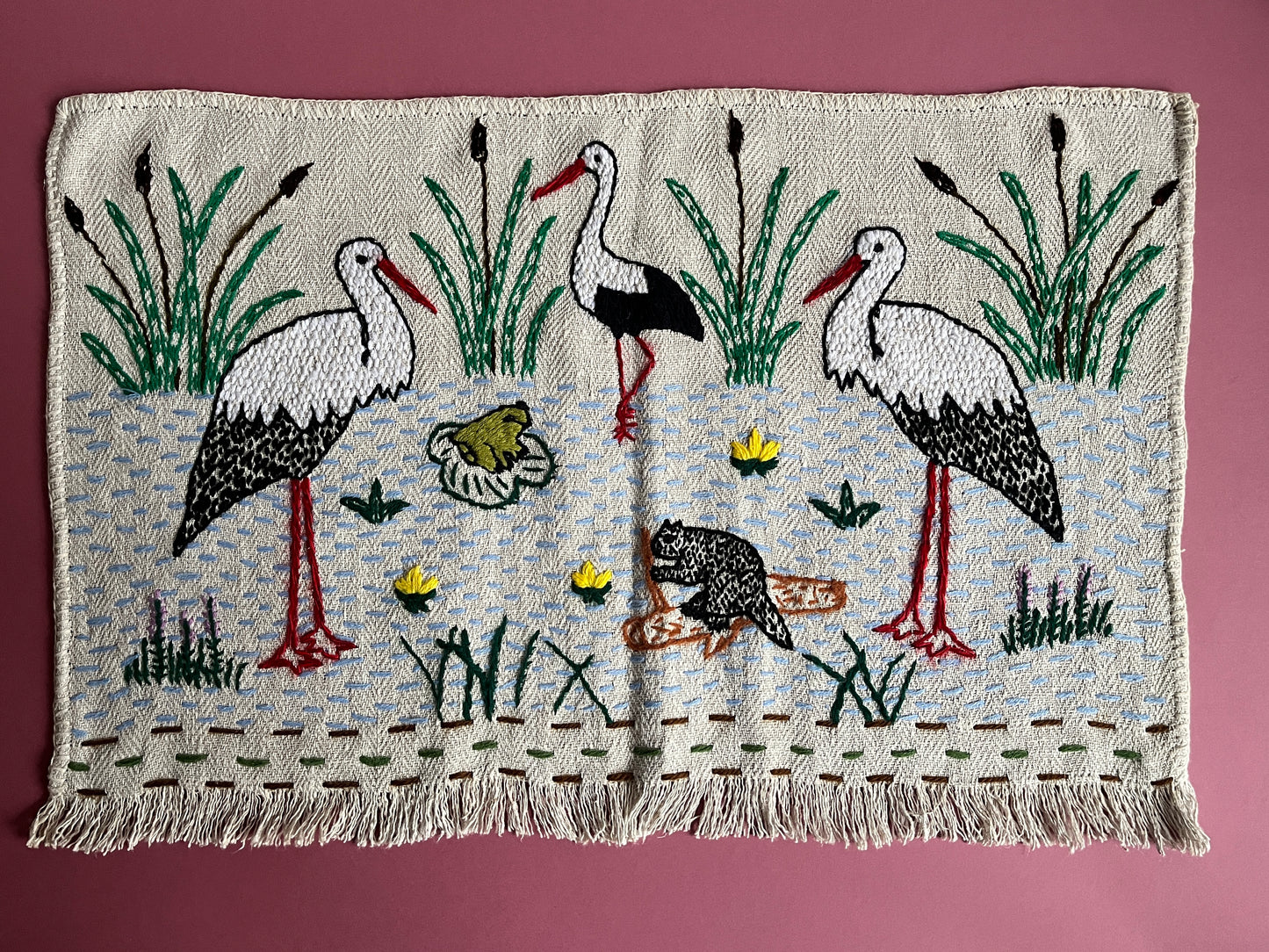 Storks and a Beaver Hand Embroidered Makatka Wallhanging by Anna