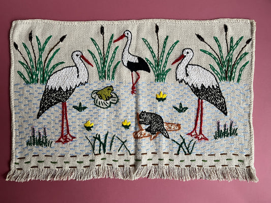 Storks and a Beaver Hand Embroidered Makatka Wallhanging by Anna