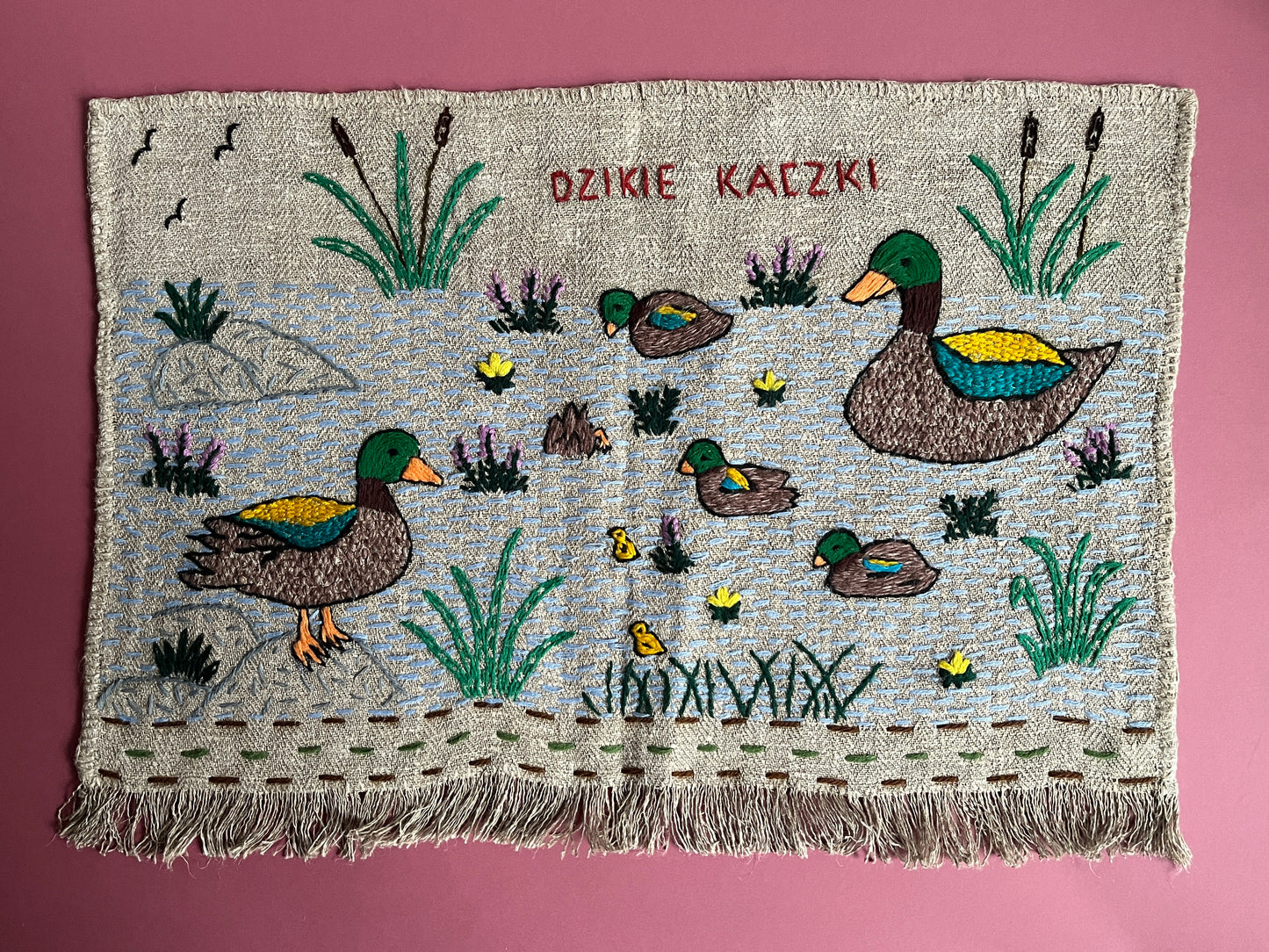Wild Ducks Hand Embroidered Makatka Wallhanging by Anna
