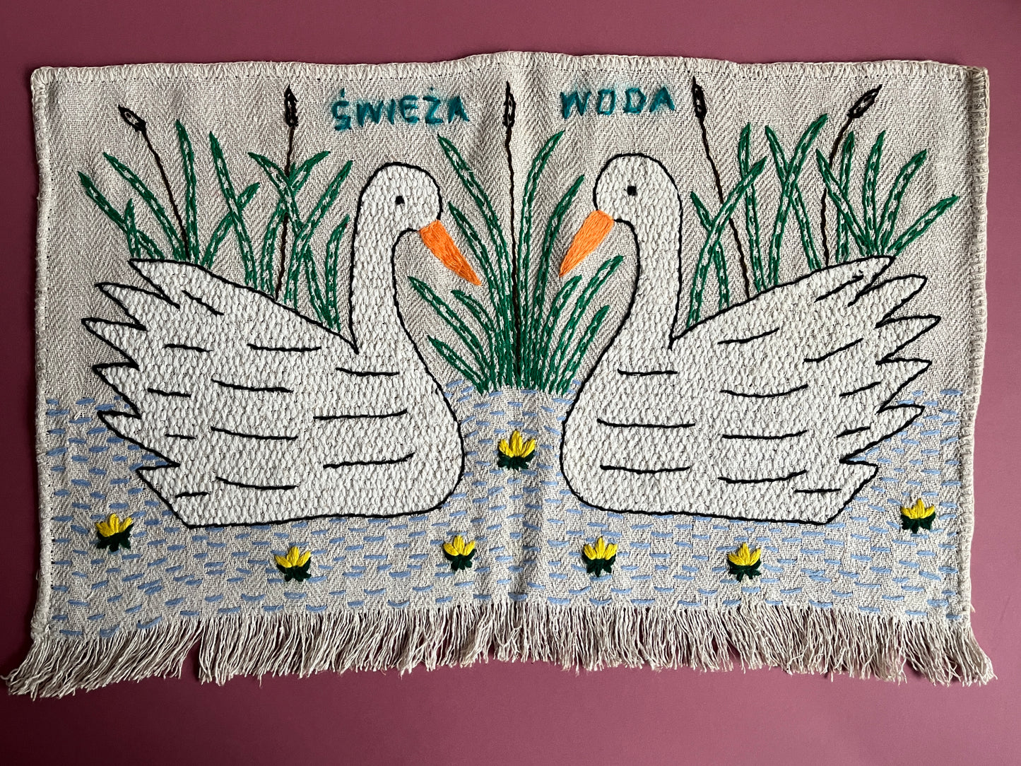 Swans 2 Hand Embroidered Makatka Wallhanging by Anna