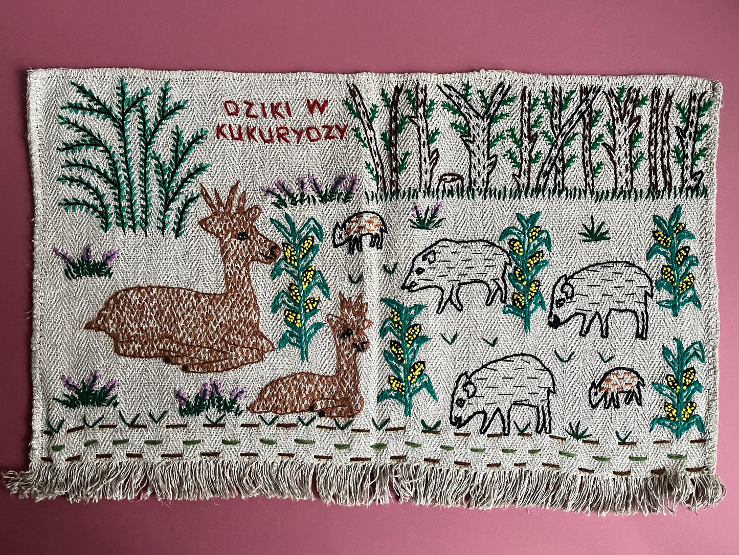 Wild Boars in Sweetcorn Field Hand Embroidered Makatka Wallhanging by Anna
