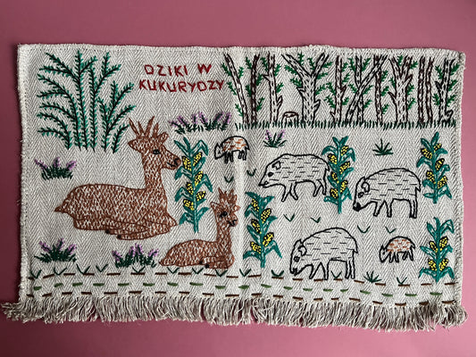 Wild Boars in Sweetcorn Field Hand Embroidered Makatka Wallhanging by Anna