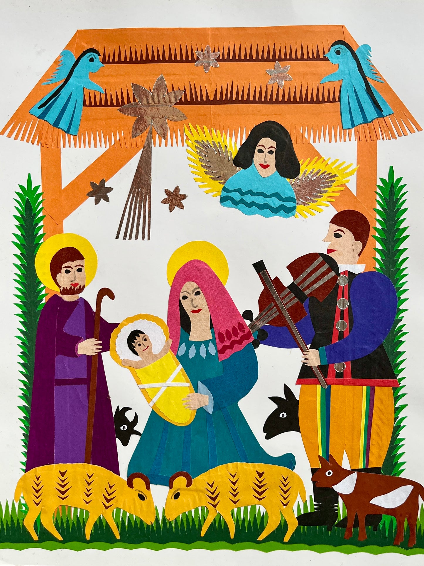 Nativity Scene with a Musician and Two Rams Original Papercut by Maria