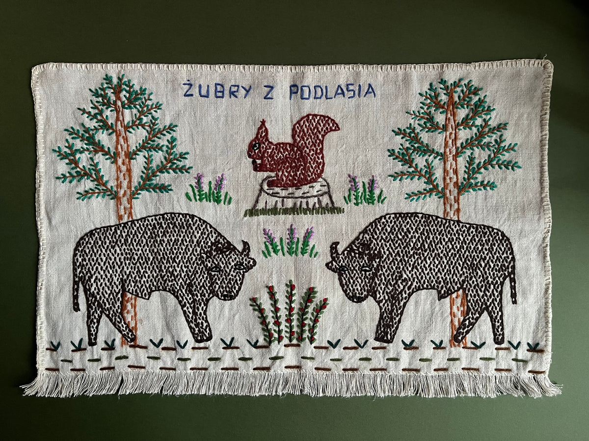 European Bisons from Podlasie Hand Embroidered Makatka Wallhanging by Anna
