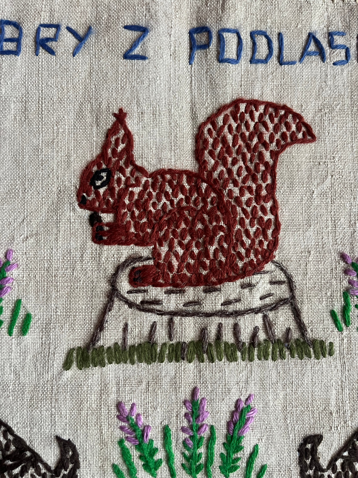 European Bisons from Podlasie Hand Embroidered Makatka Wallhanging by Anna