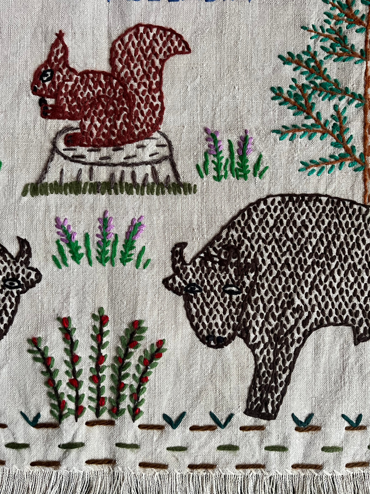 European Bisons from Podlasie Hand Embroidered Makatka Wallhanging by Anna