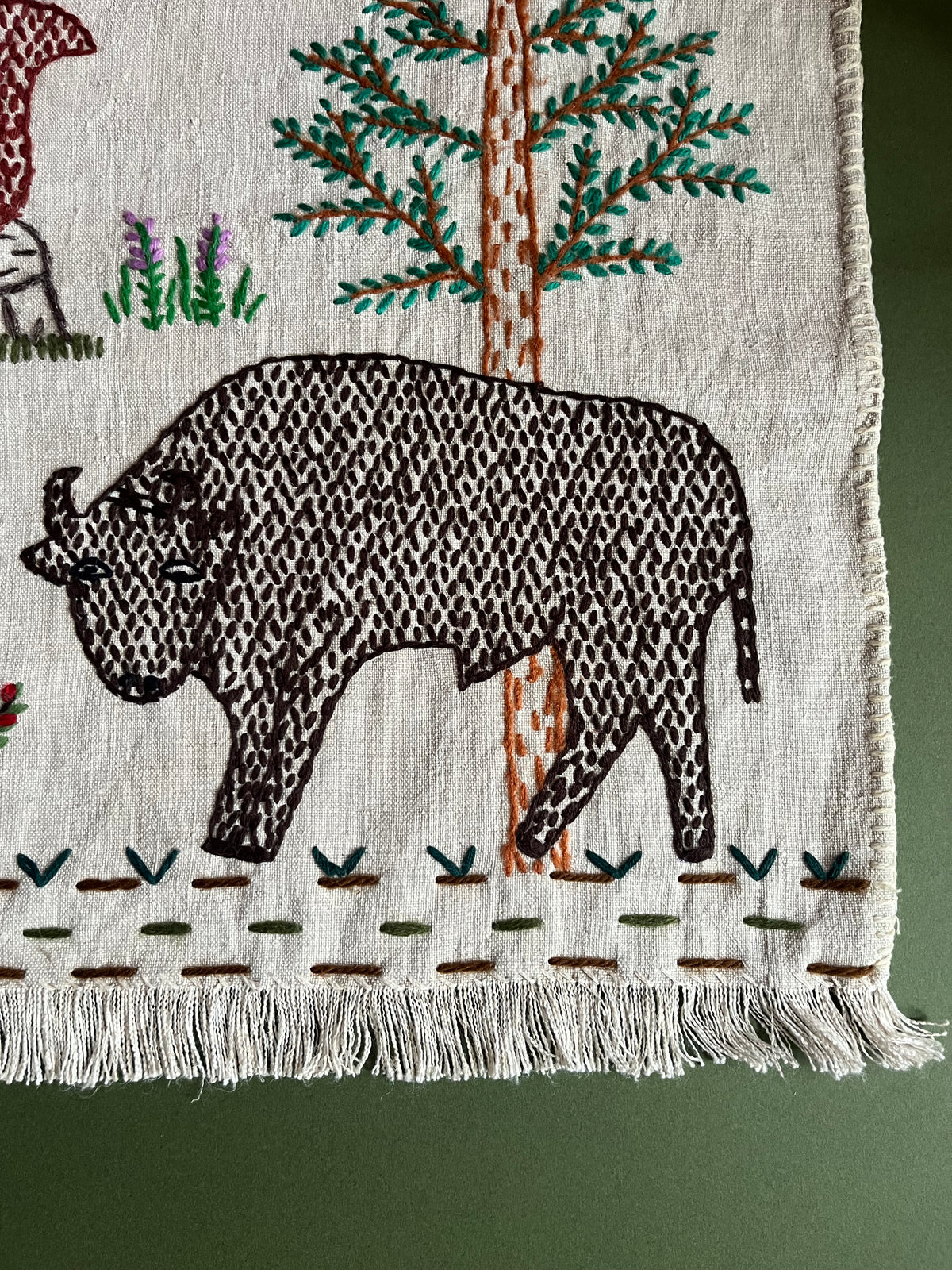 European Bisons from Podlasie Hand Embroidered Makatka Wallhanging by Anna