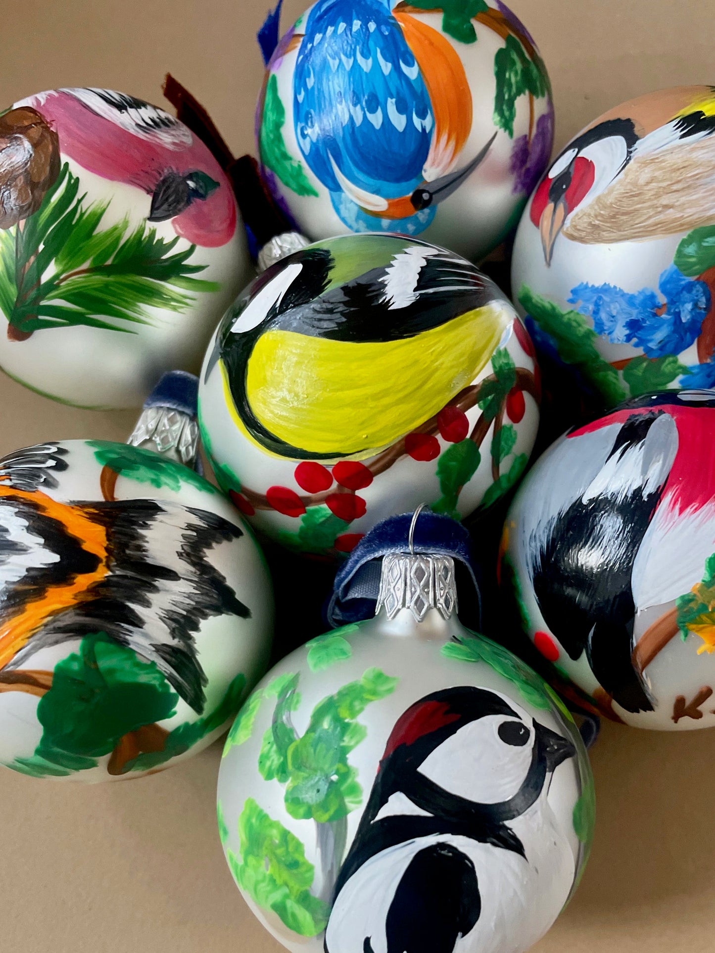 Birds Handpainted Glass Bauble by Krystyna