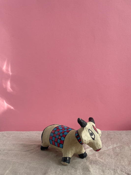 Paper Mache Cow with Blue and Red Blanket