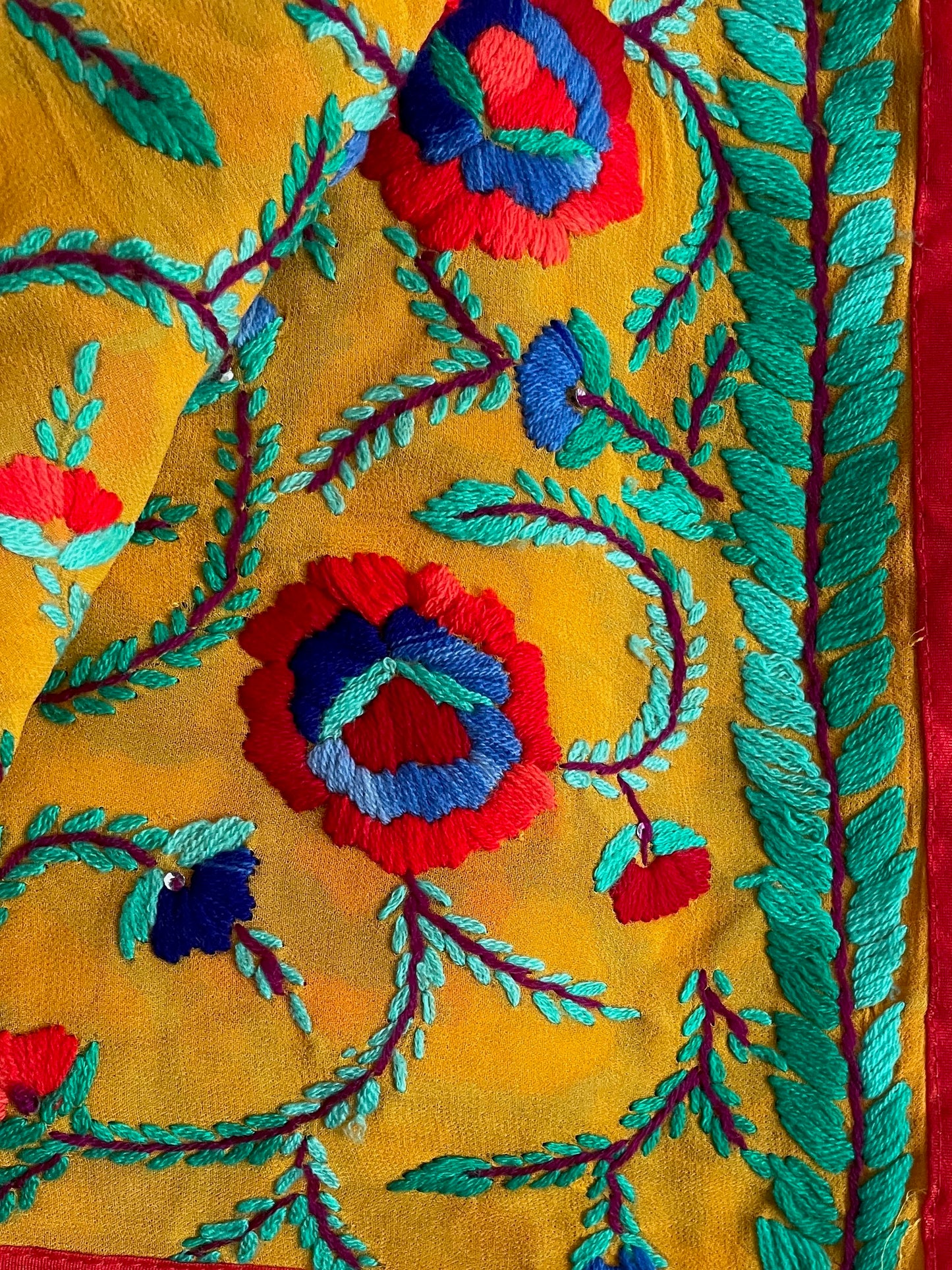 Yellow and Colourful Flowers Hand Embroidered Fabric