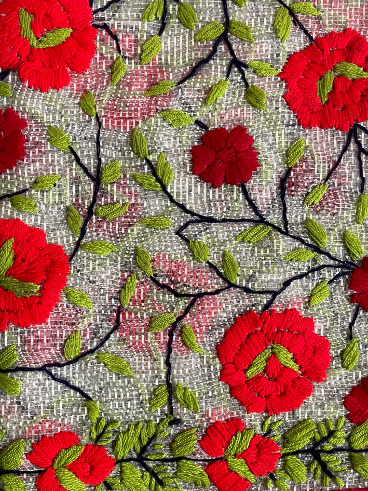 Red Flowers Hand Embroidered Fabric