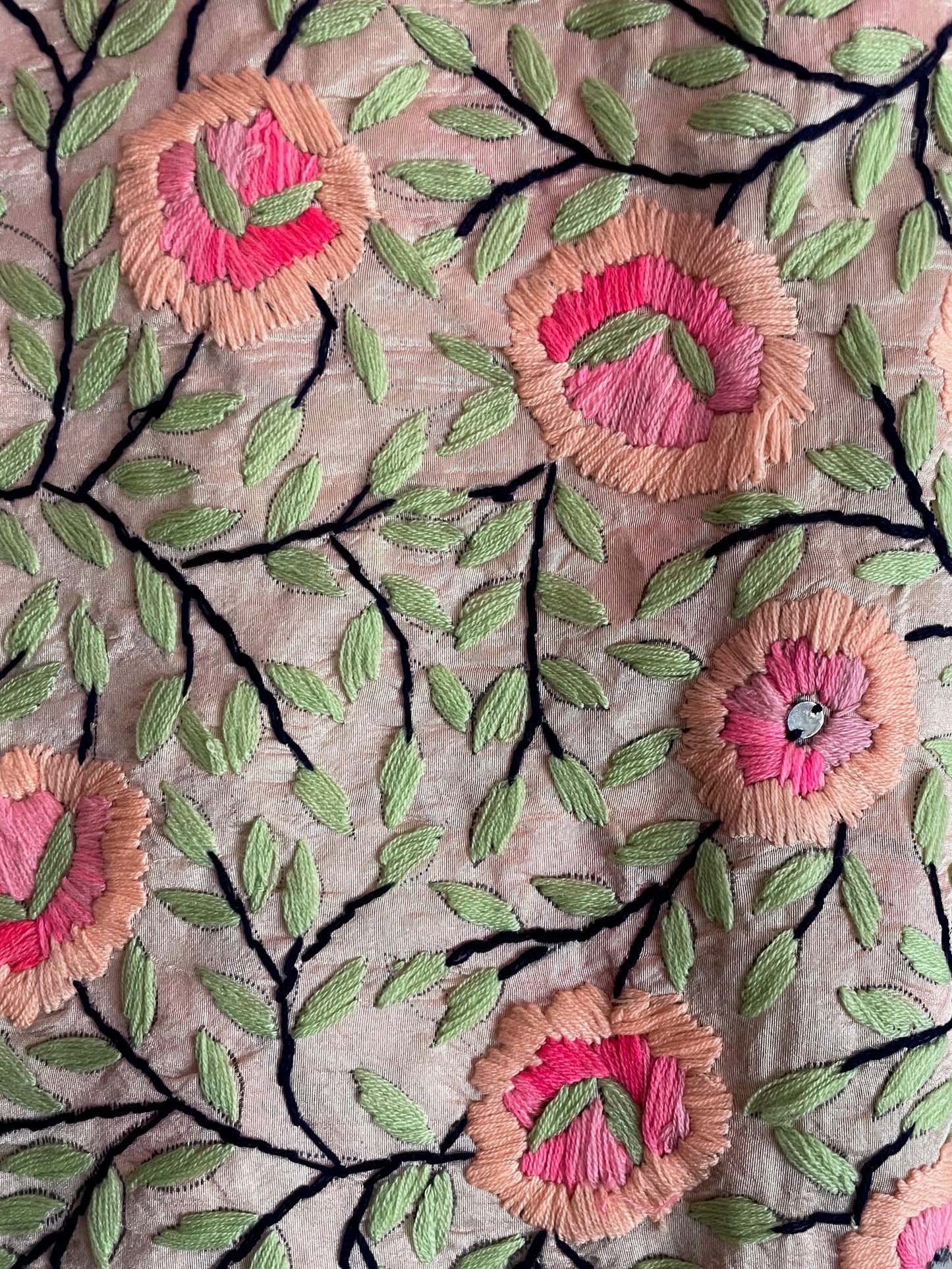 Peach & Colourful Flowers Hand Embroidered Fabric