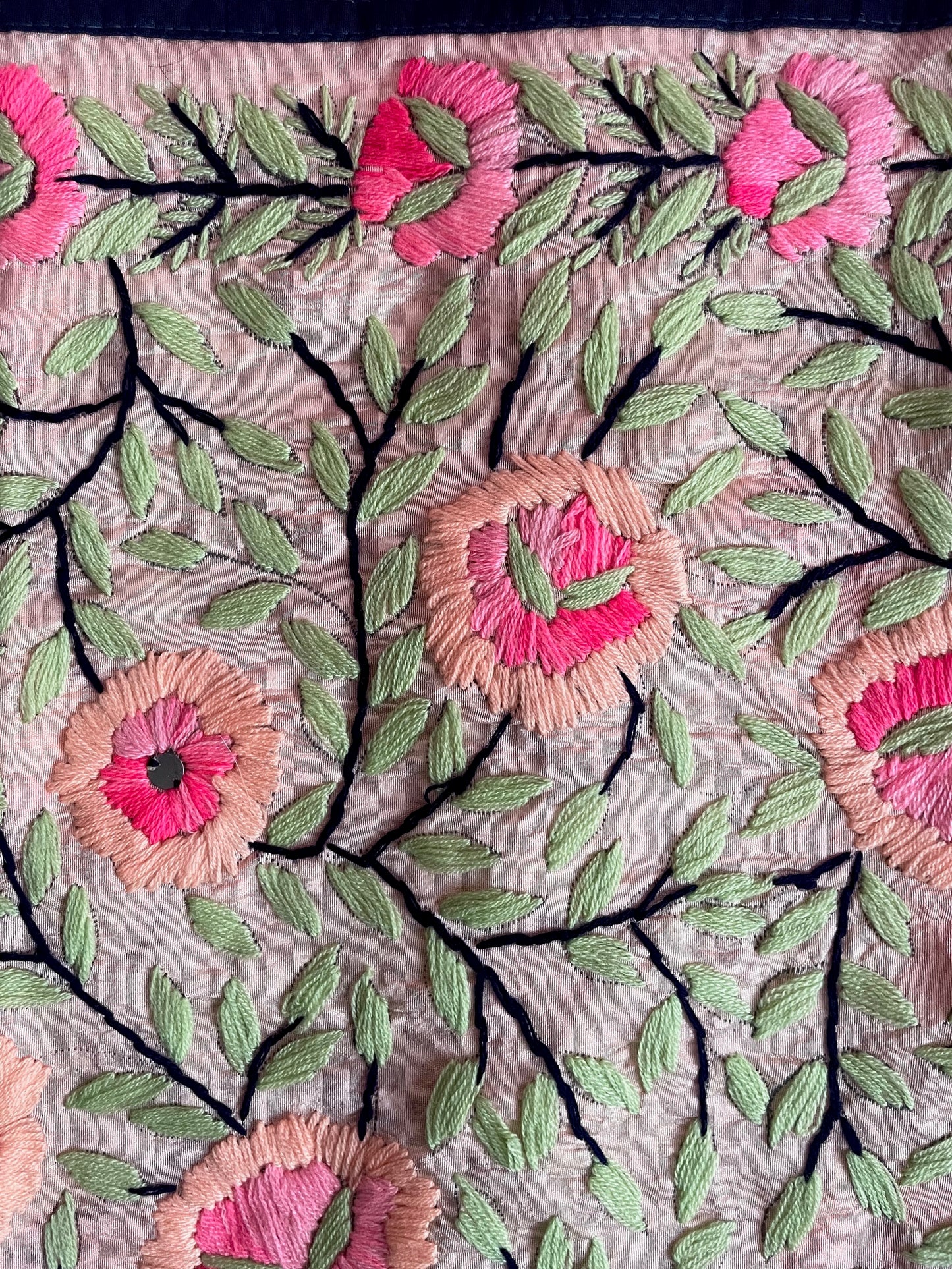 Peach & Colourful Flowers Hand Embroidered Fabric