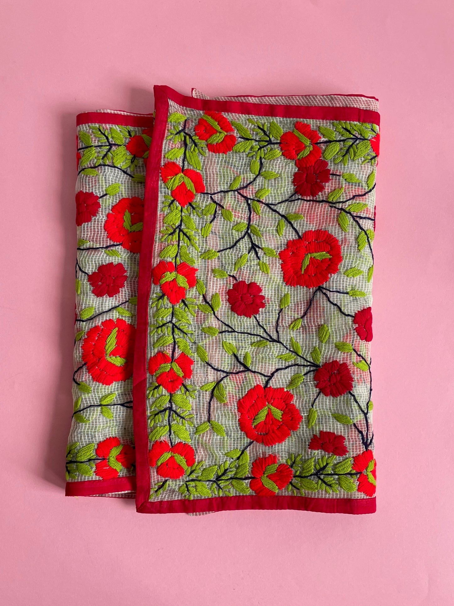 Red Flowers Hand Embroidered Fabric