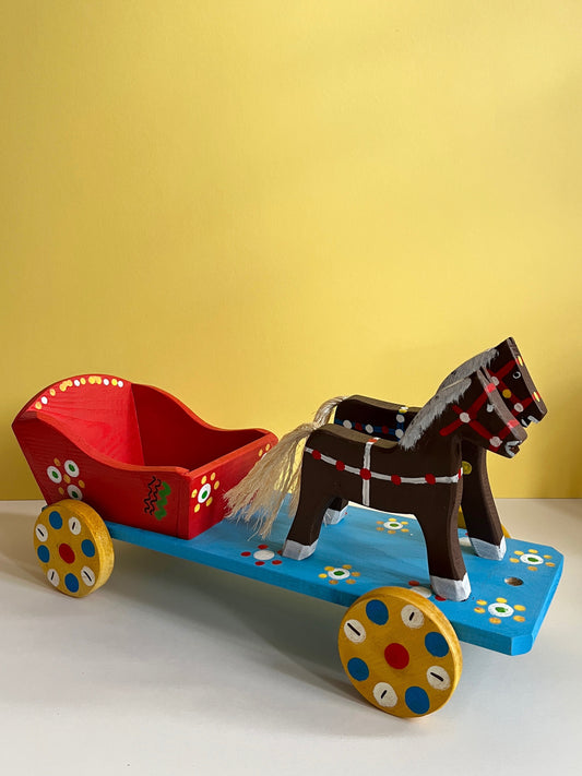 Brown Horses with Cart Pull Along Toy by Wlodzimierz