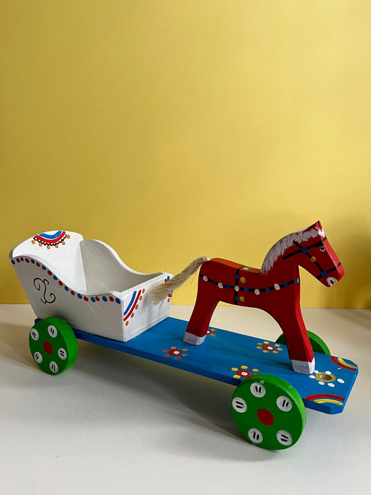 Red Horse with Cart Pull Along Toy by Wlodzimierz