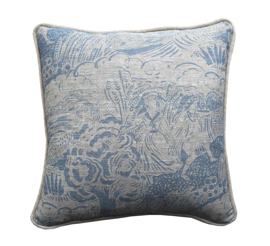 Apple Pickers Cushion in Blue by Beki Bright