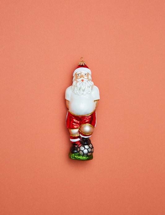 Santa Playing Football Glass Christmas Ornament